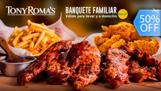 Tony Roma's Combo Familiar:  2 Libras de Costillas, 8 Chicken Tenders, Canasta de Papas Fritas y Más.