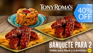 ¡Tony Roma's a Domicilio o Llevar! 2 Platos de Costillas, Papas Fritas y Aros de Cebolla.