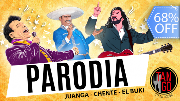[Imagen:¡Paga Q99 en lugar de Q310 por 2 Entradas a Show de Parodia + 2 Cervezas, Copas de Vino o Bebidas Naturales + 1 Entrada de Carpaccio!]