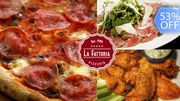 [Imagen:¡Paga Q99 en lugar de Q210 por 1 Pizza Grande New York Style + 1 Entrada a Elección entre Carpaccio de Res o 20 Alitas!]