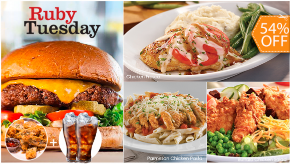 [Imagen:¡Paga $15.95 en Lugar de $34.49 por 1 Entrada de Thai Spring Rolls + 2 Platos a Elección entre Crispy Buffalo Chicken Salad, Chicken Fresco, Ruby´s Classic Burger, Parmesan Chicken Pasta o Garden Bar + 2 Sodas o Tés Helados!]