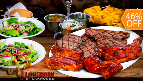 [Imagen:¡Paga $33.95 en Lugar de $62.95 por Parrillada para 4 que Incluye: 2 Libras de Pollo + 1 Libra de Lomo de Cerdo + 1 Libra de Churrasco + Bowl de Ensalada + Salsas de la Casa + Papas Fritas o Asadas + Pan con Mantequilla y Pichel de Soda o Té Helado!]