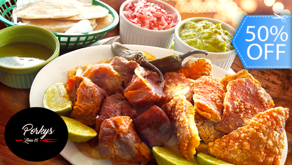 [Imagen:¡Paga Q125 en lugar de Q250 por 1/2 Libra de Costillas + 1/2 Libra de Carnitas + 1/2 Libra de Chicharrones + Guacamol + Picado de Rábano + 12 Tortillas + 3 Cervezas de Barril, Micheladas o Gaseosas!]