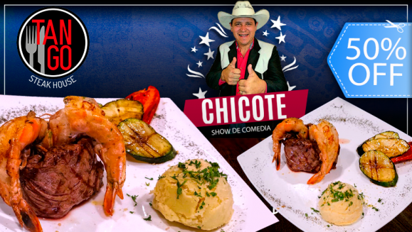 [Imagen:¡Paga Q169 en lugar de Q340 por Cena para 2 con: Medallones de Lomito+ Camarones al Ajillo + Puré de Papa y Vegetales Asados + 2 Bebidas Naturales + 2 Entradas al Show de Comedia del Chicote!]