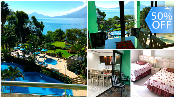 [Imagen:¡Paga Q1,499 en lugar de Q3,000 por 1 Noche Hasta para 6 Personas en Apartamento Exclusivo a Orillas del Lago Atitlán Totalmente Equipado + Uso de Piscina, Jacuzzi y Acceso a la Playa en Torres de la Riviera!]