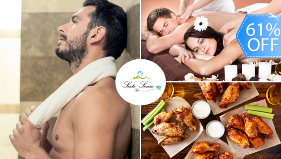 [Imagen:¡Paga Q159 en lugar de Q404 por Spa Urbano para 2 con: Sauna Húmedo + Masaje Relajante + Plato de Alitas + 2 Bebidas a Elección entre Gaseosas o Cervezas!]