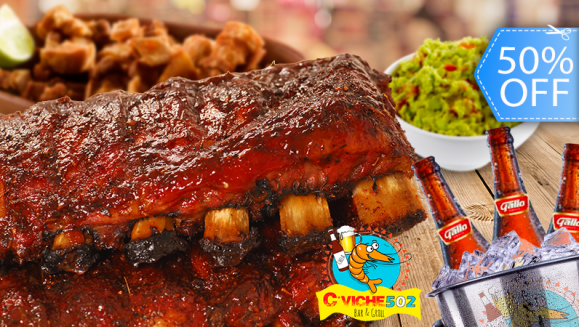 [Imagen:¡Paga Q110 en lugar de Q220 por ½ Lb. Costillas Picantes o Barbacoa + ½ Lb.  Carnitas + Tortillas + Guacamole + Picado de Rábano + Cubetazo de Cervezas Gallo o Corona o Gaseosas!]