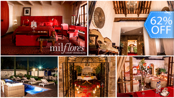 [Imagen:¡Paga Q1,293 en lugar de Q3,386 por Estadía Romántica 5 Estrellas para 2 en Suite Temática de Lujo en Antigua + Uso de Piscina y Jacuzzi + 2 Desayunos + Impuestos Incluidos y Parqueo!]