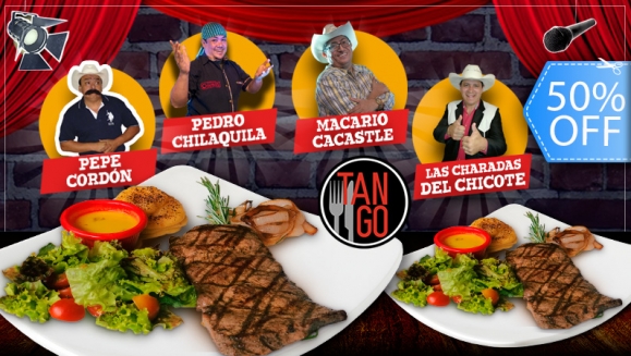 [Imagen:¡Paga Q180 en lugar de Q360 por Cena para 2 con: 2 Platos de Lomito, Puré de Papa, Ensalada y 2 Bebidas Naturales + Show a Elección entre Monólogos de Pepe Cordón, Pedro Chilaquila, Mario Cacastle o El Chicote o El Tributo a Ana Gabriel!]