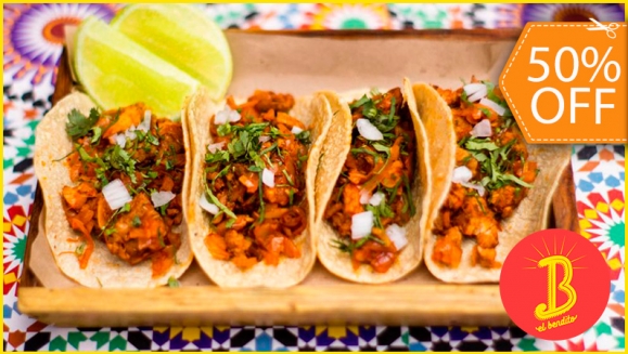 [Imagen:¡Paga $10 en Lugar de $20 por 2 Burritos o 2 Órdenes de Tacos + 1 Orden de Nachos El Gobernador + 2 Bebidas a Elección!]