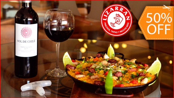 [Imagen:¡Paga $18 en Lugar de $36 por Menú para Llevar que Incluye: 1 Paella de Carnes para 2 Personas + 1 Botella de Vino Sol de Chile, Merlot o Cabernet!]