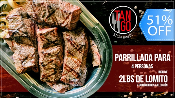 [Imagen:¡Paga Q235 en lugar de Q484 por Parrillada para 4 con: 2 Libras de Lomito Importado + 2 Guarniciones Grandes para Compartir a Elección entre Papa Horneada, Puré de Papa, Ensalada, Frijoles o Cebollines + Entrada de Chorizo + Postre!]