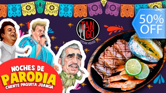 [Imagen:¡Paga Q189 en lugar de Q380 por Cena Mar y Tierra para 2 que Incluye: 8 Onzas de Lomito + 8 Onzas de Camarones + 2 Papas al Horno + 2 Bebidas Naturales + 2 Entradas al Show de Parodia de Juan Gabriel, Paquita la del Barrio y Vicente Fernández!]