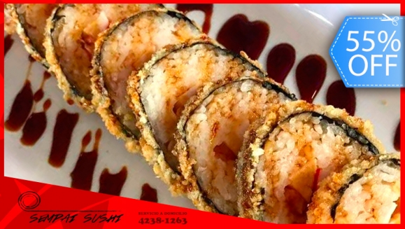 [Imagen:¡Paga Q165 en lugar de Q365 por Menú Familiar con: 4 Rollos de Sushi a Elección entre Plátano Roll, California Roll o Hot Salmón Roll + 1 Orden de Wantan de Camarón! ¡A Domicilio!]