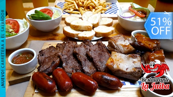 [Imagen:¡Paga Q295 en lugar de Q600 por Parrillada para Cuatro con: 1 Libra de Lomo de Res Asado + 1 ½ Libra de Costilla de Cerdo Frita o BBQ + 4 Chorizos + 4 Ensaladas de La Casa + Papas Fritas + 4 Bebidas + Porción de Pan para 4!]