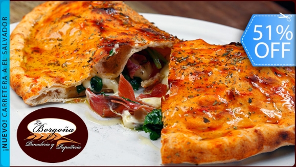 [Imagen:¡Paga Q65 en lugar de Q132 por 4 Pizzas Calzone de Jamón de Pavo, Pepperoni y Tocino + 4 Brownies + 4 Licuados de Frutas o 4 Bebidas Naturales!]