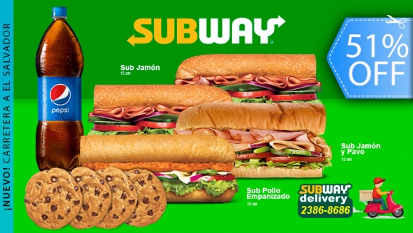 [Imagen:¡SUBWAY a Domicilio! ¡Paga Q75 en lugar de Q153 por 4 Subs de 15 cms: 1 Sub de Pollo Empanizado + 2 Subs de Jamón + 1 Sub de Jamón y Pavo + 4 Galletas + 1.75 lts. de PEPSI!]