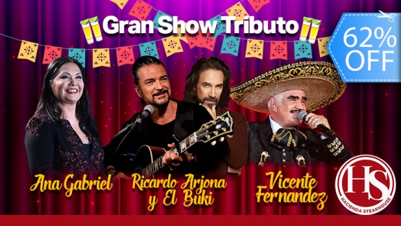 [Imagen:¡Paga Q130 en lugar de Q345 por 4 Entradas para Disfrutar de los Shows Musicales con Tributo a Vicente Fernández, Ana Gabriel, Ricardo Arjona o El Buki + 1 Pichel de Cerveza de Barril + 1 Carpaccio de Lomito para Compartir!]