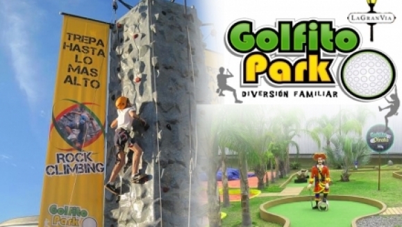 [Imagen:¡Pagas $12 en vez de $24 por 2 pases “All Inclusive” en Golfito Park La Gran Vía! ¡Podrás hacer uso de la pared escaladora, el golfito, zip line y más!]