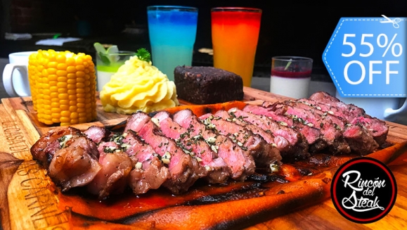 Image of Rincón del Steak: 1 Libra de New York Steak al Trapo para 2, Guarniciones, Bebidas, Postres y Más.