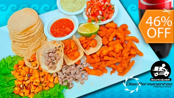 [Imagen:¡A Domicilio! ¡Paga $20 en Lugar de $37 por Taquiza Mar y Tierra que Incluye: 20 Tortillas + 1 Libra de Mariscos y Carnes: Camarón, Pescado, Calamar, Res y Pollo + Chirmol + Salsa de Aguacate + Salsa Picante + 1.25 L de Coca Cola!]