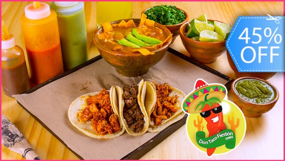 [Imagen:¡Paga Q99 en lugar de Q180 por 3 Caldos Tlalpeños o 3 Sopas de Tortilla + 9 Tacos de Pibil-Pastor o a la Plancha + 3 Naranjadas + Acompañamientos: Cebolla, Cilantro, Picante y Salsa a Elección! ¡Para Llevar!]