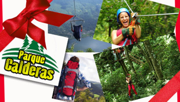 [Imagen:¡Paga Q65 en lugar de Q150 por un día de diversión que incluye: 1 canopy (bosque o laguna) + 1 rapel + columpios gigantes + balsas con remos + caminata por bosque virgen en Parque Calderas!]