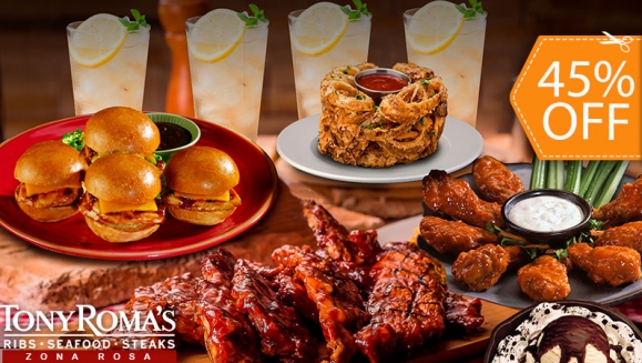 [Imagen:¡Paga $33.56 en Lugar de $61.01 por 2 Ordenes de Short Ribs + 1 orden de Mini Chicken Sliders + 1 Orden de Alitas + 1 Entrada de Onion Loaf o Ensalada de La Casa + 1 Skillet Brownie + 4 Limonadas!]