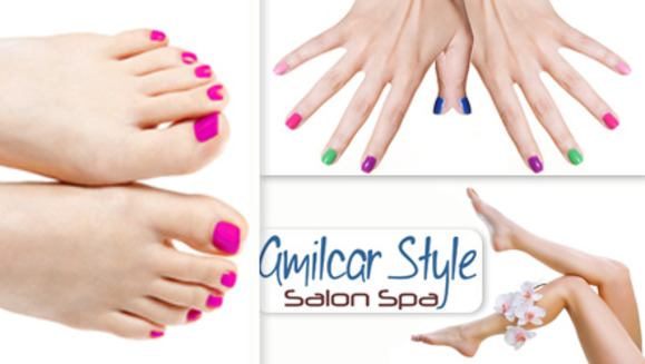 [Imagen:¡Paga Q85 en lugar de Q330 por manicure + pedicure spa + gelish en manos o pies + depilación de media pierna con cera en Amilcar Style!]