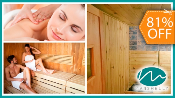 [Imagen:¡Paga $22 en Lugar de $130 por 1 Masaje Relajante de 45 Minutos + 1 Terapia de Piedras Calientes + 45 Minutos de Sauna Finlandés para 2 Personas + 1 Ducha Fría + 1 Kit de 2 Toallas!]