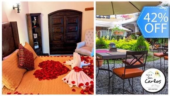 [Imagen:¡Paga Q499 en Lugar de Q855 por Estadía Romántica para 2 en Antigua con: 1 Noche de Hospedaje + Decoración con Pétalos de Rosa + Fresas con Chocolate + 1 Botella de Vino Tinto + 2 Desayunos Típicos Chapines + Impuestos Incluidos!]
