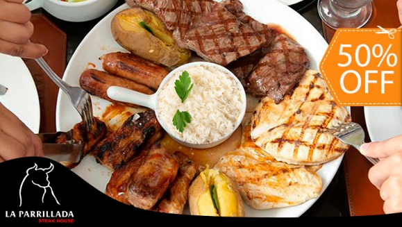 [Imagen:¡Paga $16.50 en Lugar de $33 por Parrillada para 2-3 Personas que Incluye: 8 Onzas de Carne +8 Onzas de Pollo + 8 Onzas de Costilla de Cerdo + 8 Onzas de Chorizo + 2 Guarniciones a Elección entre Vegetales, Papa, Ensalada o Arroz + 2 Sodas!]