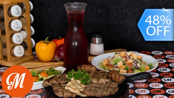 [Imagen:¡Paga Q179 en Lugar de Q345 por Exquisita Parrillada para 2 con: ½ Libra de Puyazo + ½ Libra de Pechuga de Pollo + ½ Libra de Chorizo Argentino + 2 Purés de Papas + Ensalada de La Casa + Entrada de Nachos + Bebidas!]