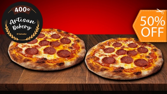 [Imagen:¡Paga $13 en Lugar de $26 por 2 Pizzas Artesanales de 8 Porciones C/U con Orilla de Queso y de Especialidad a Elección entre: Pepperoni o Jamón + 1 Litro de Té de Jamaica! ¡Para Llevar!]