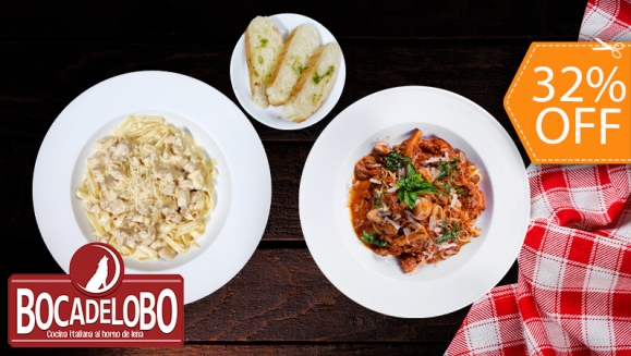 [Imagen:¡Paga $17 en Lugar de $25 por Almuerzo con 2 Platos de Pasta a Elección (Al Horno o Tradicional) en Salsa Alfredo con Pollo o Bolognese + Ensalada de La Casa + 2 Sodas o Té de Limón!]
