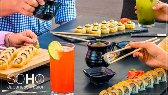 [Imagen:¡Paga $14.99 en Lugar de $32.95 por Menú de Sushi para 2 con: 1 Dragon Roll + 1 Soho California + 1 Cordon Blue + 2 Limonadas Tradicionales o con Hierbabuena!]
