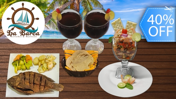[Imagen:¡Paga Q135 en Lugar de Q225 por 2 Platos Fuertes a Elección entre: Ceviche Grande de Camarón con Galleta o Mojarra Frita con Papas al Perejil + Vegetales y Tortillas y 2 Bebidas Naturales a elección entre Jamaica o Tamarindo!]