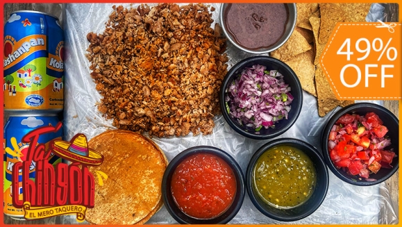 [Imagen:¡Para Llevar! ¡Paga $11.99 en Lugar de $23.49 por Taquiza que incluye: 1 Libra de Carne a Elección entre Pastor, Carnita, Birria o Mixta + 20 tortillas + Frijoles con Nachos + Acompañamientos de Chimol y Salsitas + 2 Gaseosas!]