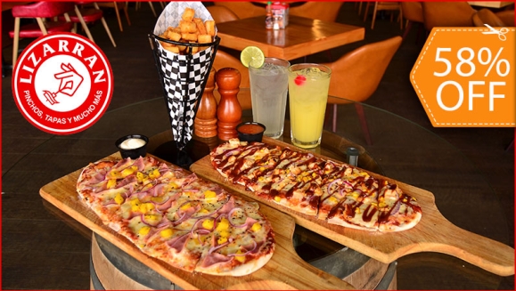 [Imagen:¡Paga $18.95 en Lugar de $44.80 por 2 Cocas Españolas (Tipo Pizza) de Especialidad a Elección: Vegetariana, Salami, Hawaiana o Pollo BBQ + 1 Orden de Papas Bravas + 1 Jarra de Limonada, Naranjada, Gaseosa o Te Helado + 1 Orden de Churros Españoles!]