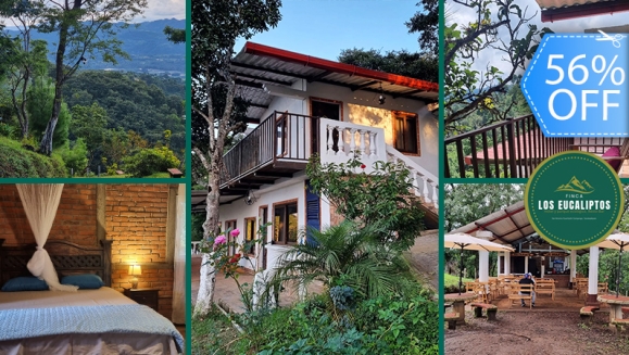 [Imagen:¡Paga Q199 en Lugar de Q450 por Estadía hasta para 4 Personas + 4 Tiempos de Comida (Cenas, Desayunos o Almuerzos de La Carta) + Uso de Instalaciones y Actividades de Montaña: Senderismo, Puentes, Hamaca y Granjita!]