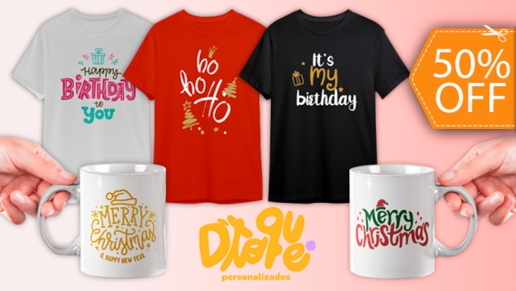 [Imagen:¡Paga $10 en Lugar de $20 por 2 Camisetas o 4 Tazas o 1 Camiseta y 2 Tazas con Diseño a Elección Según Catálogo (Navideño o de Cumpleaños)!]