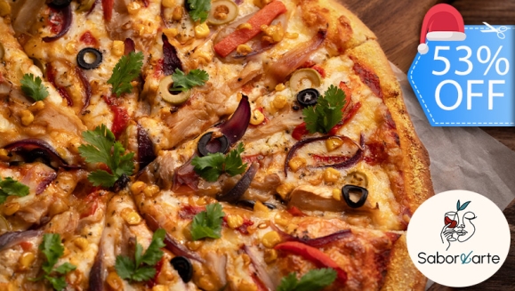 [Imagen:¡Paga Q99 en Lugar de Q210 por Menú Gourmet para 2 con Pizza Artesanal de Especialidad a Elección o 2 Hamburguesas Gourmet + 2 Bebidas Naturales!]