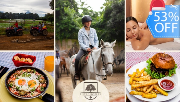 [Imagen:¡Paga Q199 en Lugar de Q425 por Day Pass para 1 Persona que Incluye: Desayuno o Almuerzo a Elección + 1 Clase de Equitación + Tour en Cuatrimoto o Masaje Relajante!]