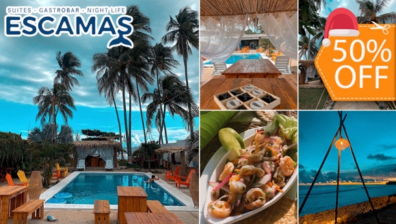 [Imagen:¡Paga $15 en Lugar de $30 por Day Pass para 2 Personas Consumible en el Menú de Cócteles, Ceviches y Todas Las Bebidas y Con Acceso a La Piscina y La Playa en Escamas, La Libertad!]