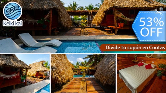 [Imagen:¡Paga Q399 en Vez de Q850 por Estadía para 2 Personas en Eco Cabaña Tipo Hawaii con Baño Privado + 2 Cócteles de Bienvenida + Uso de Instalaciones: Tapetes de Playa, Piscina, ¡Hamacas y Más!]