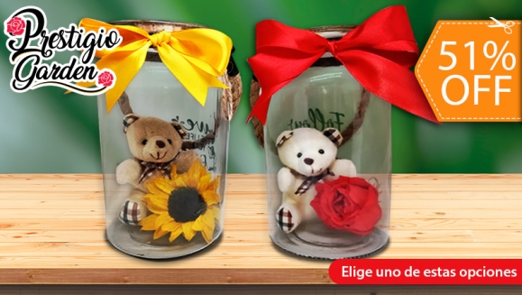 [Imagen:¡Paga $27 en Lugar de $55 por Rosa o Girasol Preservada con Osito de Peluche en Domo de Vidrio (11 cm de Ancho y 18 cm de Alto)!]