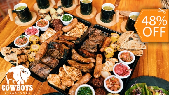 [Imagen:¡Paga $49.95 en Vez de $95.95 por Parrillada hasta para 6: 1 Lb de Carne de Res + 1 Lb de Pollo + 1 Lb de Costilla + 6 Chorizos + 6 Medias Papas + 6 Medios Elotes + Acompañamientos: Casamiento, Chimol, Cebolla Curtida, Chimichurri, Tortillas y Más!]