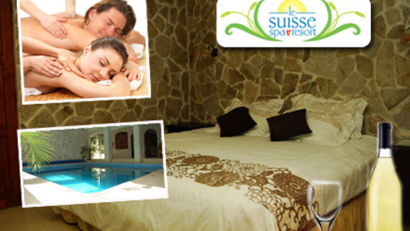 [Imagen:¡Paga Q599 en vez de Q1675 por Estadía para 2 personas + 1 día de spa (2 masajes relajantes, 2 exfoliaciones corporales, 2 té relajantes) + Botella de Vino + Uso de las instalaciones en Le Suisse Spa!]