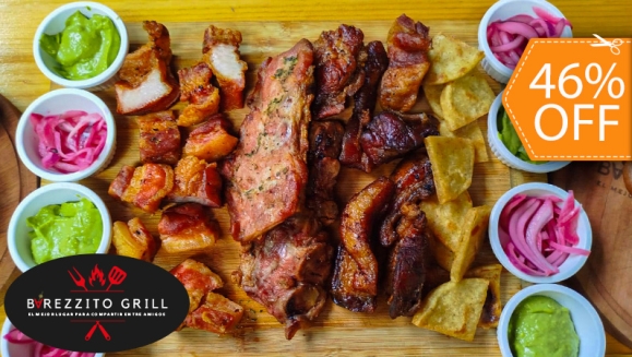 [Imagen:¡Paga $22 en Lugar de $40.50 por Asado al Barril Colombiano para 4 Personas, Incluye: 1/2 Lb de Bondiola + 1/2 Lb de Panceta + 1/2 Lb de Chicharrón Crocante + 1/2 Lb de Costilla Riblet + Acompañamientos + 4 Bebidas Naturales o Gaseosas!]