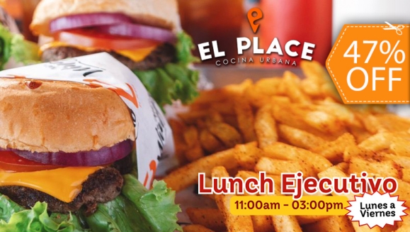 [Imagen:¡Paga $11 en Lugar de $20.90 por 2 Lunch Ejecutivos: 2 Hamburguesas de Res o de Pollo +  Papas Fritas + 2 Tés Helados con Refill!]